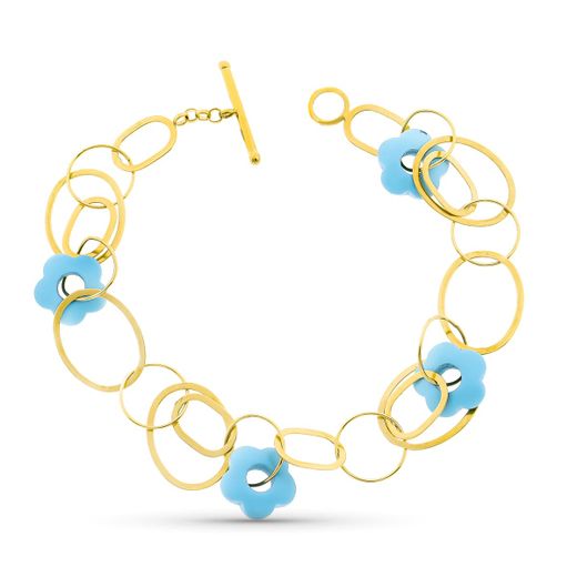 18K Pulsera Oro Amarillo Circulos Y Flor Turquesa 20Cm