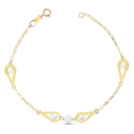 18K Pulsera Oro Amarillo Comunion Perlas Y Motivos. 18Cm