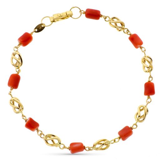 18K Pulsera Oro Amarillo Con Jaulas Y Coral Fino Japones 19Cm