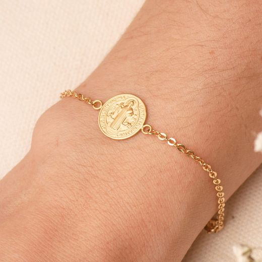 18K Pulsera Oro Amarillo Con Medalla Oro Amarillo San Benito 12 Mm. Largo: 18+2 Cm