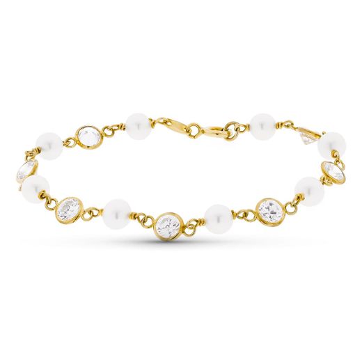 18K Pulsera Oro Amarillo Con Perla Y Circonita 16.5 Cm