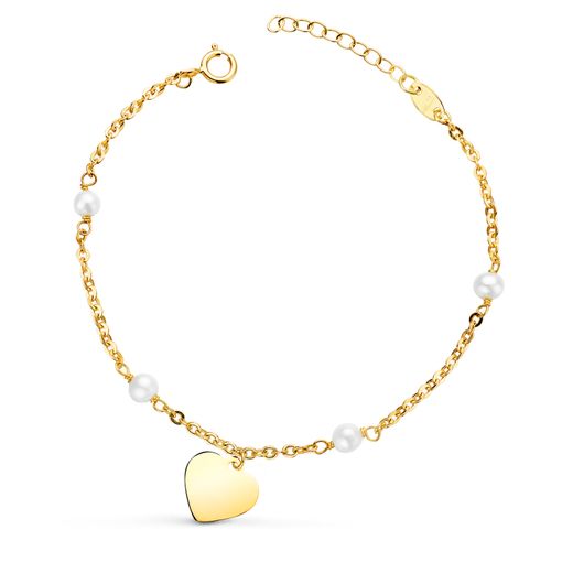 18K Pulsera Oro Amarillo Con Perlas 3.5Mm Y Placa Chapa Corazon 10Mm. Largo: 15 2Cm