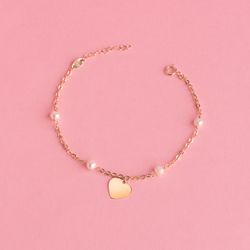 18K Pulsera Oro Amarillo Con Perlas 3.5Mm Y Placa Chapa Corazon 10Mm. Largo: 15 2Cm