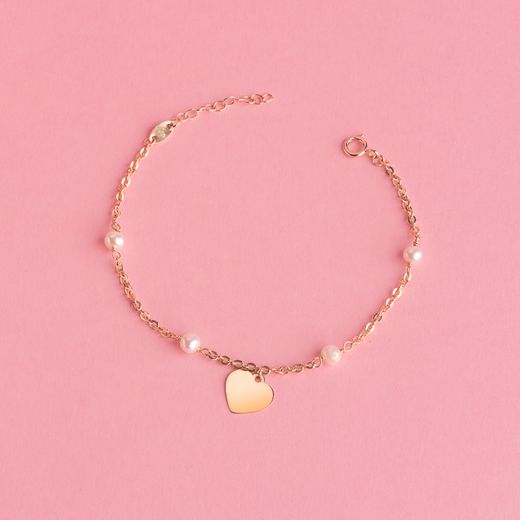 18K Pulsera Oro Amarillo Con Perlas 3.5Mm Y Placa Chapa Corazon 10Mm. Largo: 15 2Cm