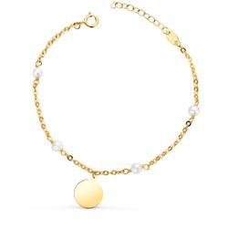 18K Pulsera Oro Amarillo Con Perlas 3.5Mm Y Placa Chapa Redonda 10Mm. Largo: 15 2Cm