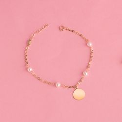 18K Pulsera Oro Amarillo Con Perlas 3.5Mm Y Placa Chapa Redonda 10Mm. Largo: 15 2Cm