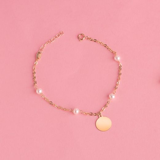 18K Pulsera Oro Amarillo Con Perlas 3.5Mm Y Placa Chapa Redonda 10Mm. Largo: 15 2Cm