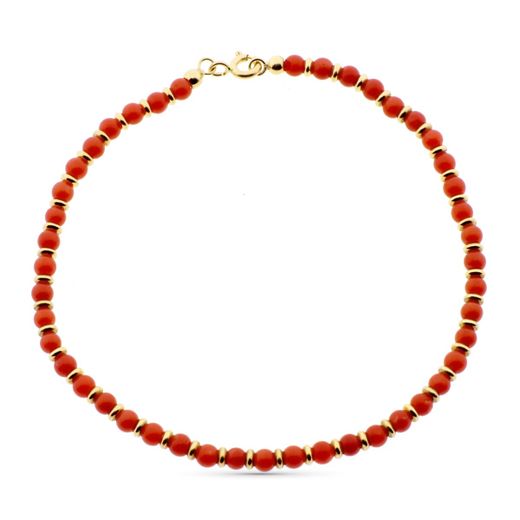 18K Pulsera Oro Amarillo Coral Fino Cerdeña Y Anillas Oro En Brillo 19Cm