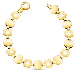 18K Pulsera Oro Amarillo Eslabon Redondo Y Flor Mate Ancho 10 Mm Largo 19.5Cm