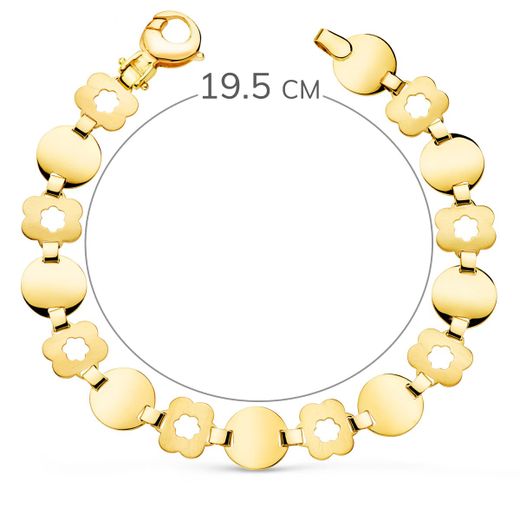 18K Pulsera Oro Amarillo Eslabon Redondo Y Flor Mate Ancho 10 Mm Largo 19.5Cm