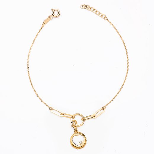 18K Pulsera Oro Amarillo Eslabon Y Cadena Forzada Motivo Corazon. Largo: 19Cm