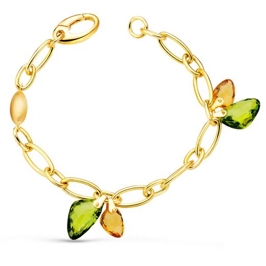 18K Pulsera Oro Amarillo Eslabones Brillo Y Piedras Colores. Ancho 7 Mm 20Cm