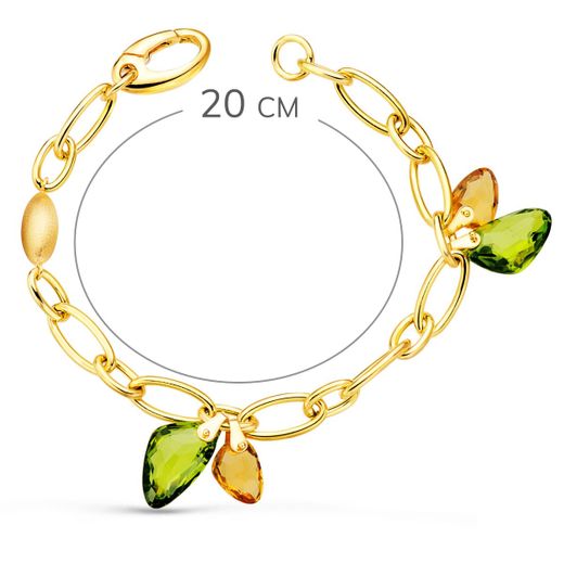 18K Pulsera Oro Amarillo Eslabones Brillo Y Piedras Colores. Ancho 7 Mm 20Cm