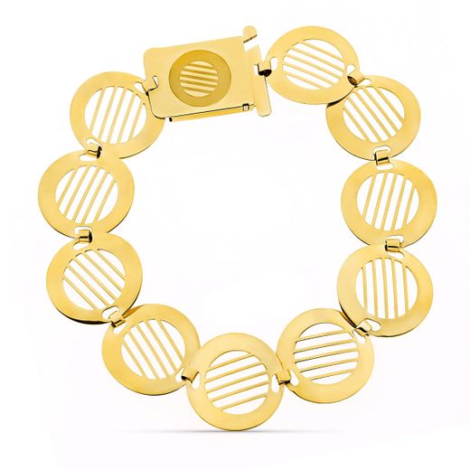 18K Pulsera Oro Amarillo Eslabones Calados Hilos. Ancho 16 Mm Largo 18.5 Cm