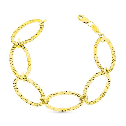 18K Pulsera Oro Amarillo Eslabones Labrados. 20Cm Cierre Mosquetón