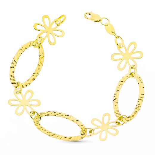 18K Pulsera Oro Amarillo Eslabones Y Flores 19Cm