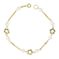 18K Pulsera Oro Amarillo Flor Y Perlas 5 Mm 18Cm