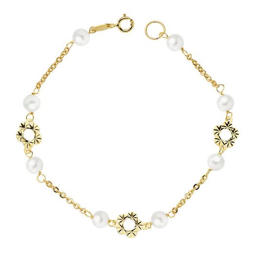 18K Pulsera Oro Amarillo Flor Y Perlas 5 Mm 18Cm