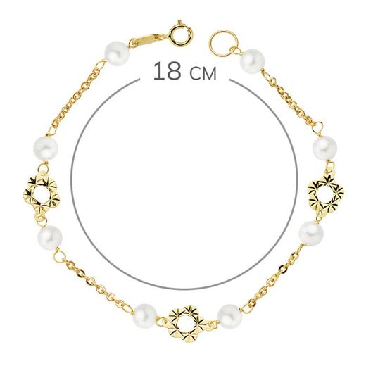 18K Pulsera Oro Amarillo Flor Y Perlas 5 Mm 18Cm