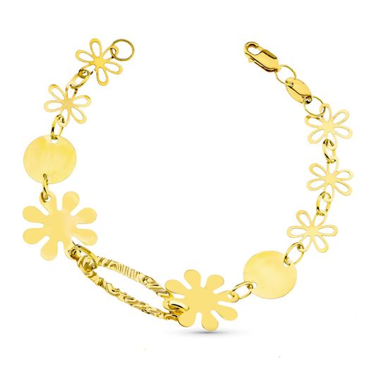 18K Pulsera Oro Amarillo Flores 19Cm