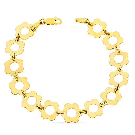 18K Pulsera Oro Amarillo Flores Ancho 11 Mm Largo 19Cm