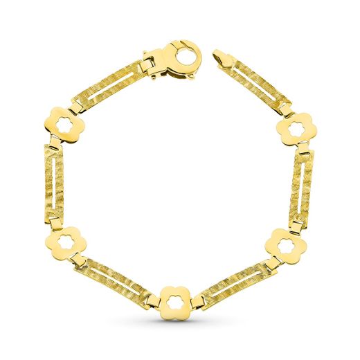 18K Pulsera Oro Amarillo Flores Y Rectangulos Mate Y Brillo