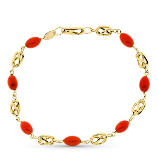 18K Pulsera Oro Amarillo Jaula Coral Fino Cerdeña 19Cm