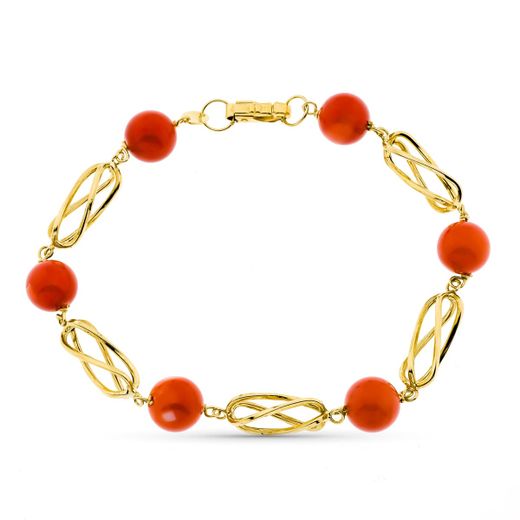 18K Pulsera Oro Amarillo Jaula Coral Fino Japones 8 Mm 20.5 Cm