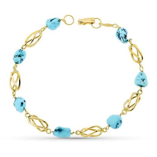18K Pulsera Oro Amarillo Jaula Y Turquesa 19Cm