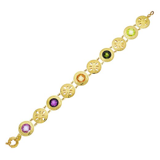18K Pulsera Oro Amarillo Laser Piedras Color