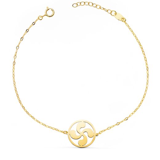 18K Pulsera Oro Amarillo Lauburu 14Mm Cadena Tallada. Largo: 17+3 Cm