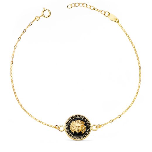 18K Pulsera Oro Amarillo Medusa Esmalte Negro 12Mm Cadena Tallada. Largo: 18-3 Cm