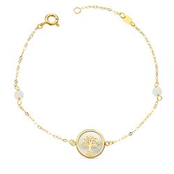18K Pulsera Oro Amarillo Nacar Con Arbol De La Vida 12 Mm Y Bolas Jade 4 Mm Cadena 18 2.5 Cm