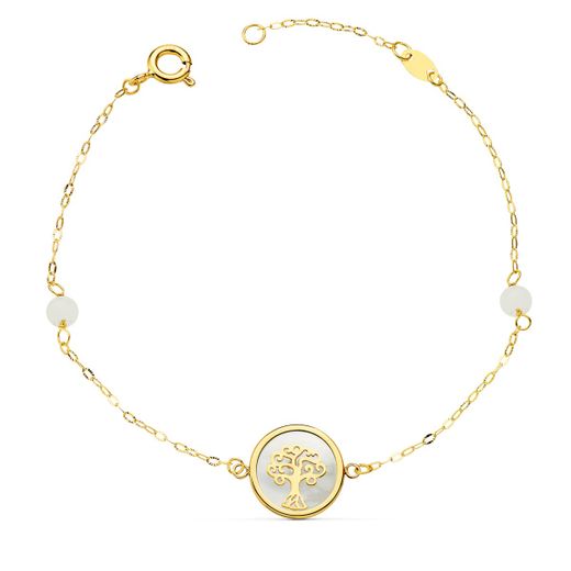18K Pulsera Oro Amarillo Nacar Con Arbol De La Vida 12 Mm Y Bolas Jade 4 Mm Cadena 18 2.5 Cm