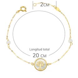 18K Pulsera Oro Amarillo Nacar Con Arbol De La Vida 12 Mm Y Bolas Jade 4 Mm Cadena 18 2.5 Cm