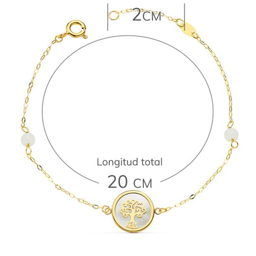 18K Pulsera Oro Amarillo Nacar Con Arbol De La Vida 12 Mm Y Bolas Jade 4 Mm Cadena 18 2.5 Cm