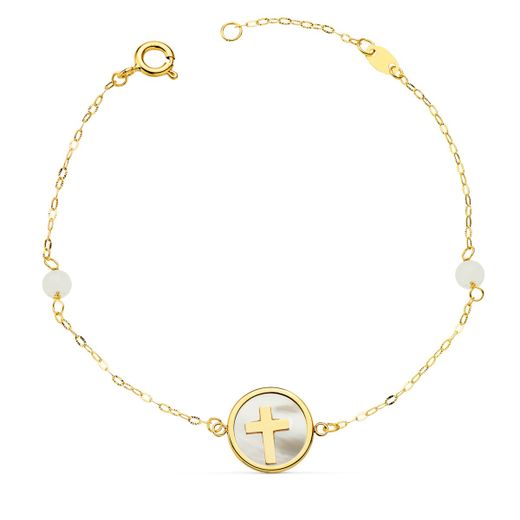 18K Pulsera Oro Amarillo Nacar Con Cruz 12 Mm Y Bolas Jade 4 Mm Cadena 18 2.5 Cm