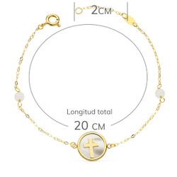 18K Pulsera Oro Amarillo Nacar Con Cruz 12 Mm Y Bolas Jade 4 Mm Cadena 18 2.5 Cm
