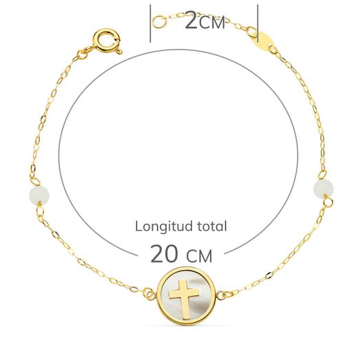 18K Pulsera Oro Amarillo Nacar Con Cruz 12 Mm Y Bolas Jade 4 Mm Cadena 18 2.5 Cm
