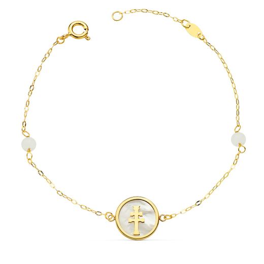18K Pulsera Oro Amarillo Nacar Con Cruz Caravaca 12 Mm Y Bolas Jade 4 Mm Cadena 18 2.5 Cm