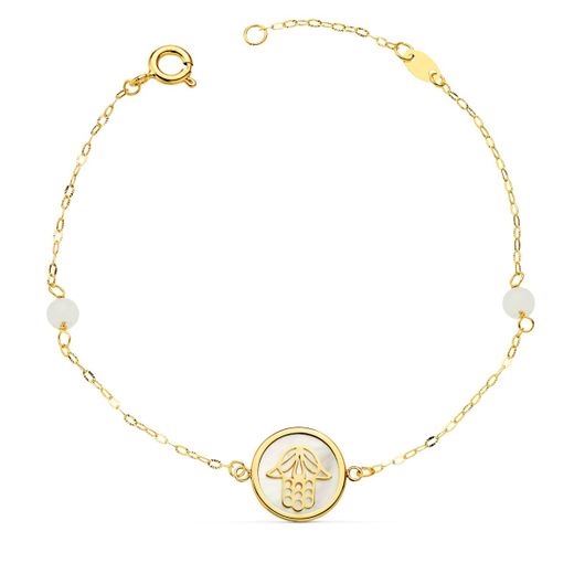 18K Pulsera Oro Amarillo Nacar Con Mano De Fatima 12 Mm Y Bolas Jade 4 Mm Cadena 18 2.5 Cm