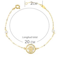 18K Pulsera Oro Amarillo Nacar Con Mano De Fatima 12 Mm Y Bolas Jade 4 Mm Cadena 18 2.5 Cm