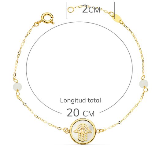 18K Pulsera Oro Amarillo Nacar Con Mano De Fatima 12 Mm Y Bolas Jade 4 Mm Cadena 18 2.5 Cm