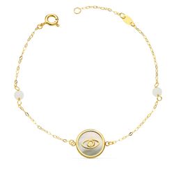 18K Pulsera Oro Amarillo Nacar Con Ojo Turco 12 Mm Y Bolas Jade 4 Mm Cadena 18 2.5 Cm