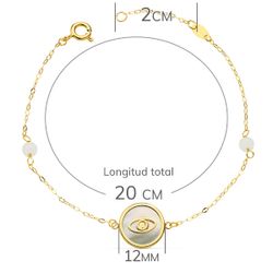 18K Pulsera Oro Amarillo Nacar Con Ojo Turco 12 Mm Y Bolas Jade 4 Mm Cadena 18 2.5 Cm