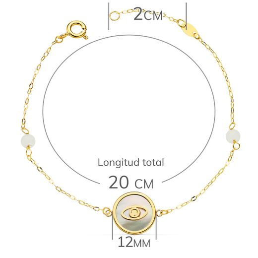 18K Pulsera Oro Amarillo Nacar Con Ojo Turco 12 Mm Y Bolas Jade 4 Mm Cadena 18 2.5 Cm