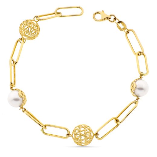18K Pulsera Oro Amarillo Perla Y Bolas Caladas Ancho 9 Mm Largo 19Cm