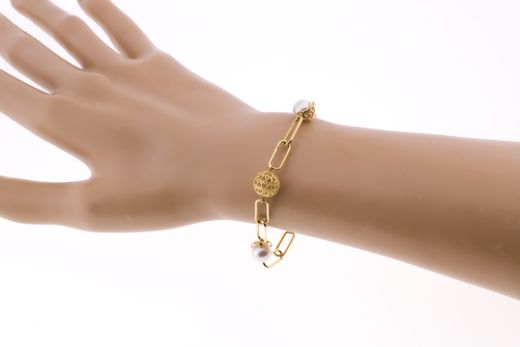 18K Pulsera Oro Amarillo Perla Y Bolas Caladas Ancho 9 Mm Largo 19Cm