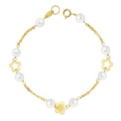 18K Pulsera Oro Amarillo Perla Y Flores 17Cm
