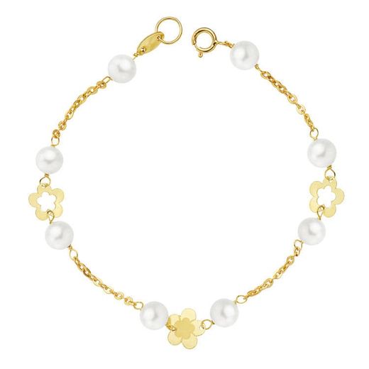 18K Pulsera Oro Amarillo Perla Y Flores 17Cm